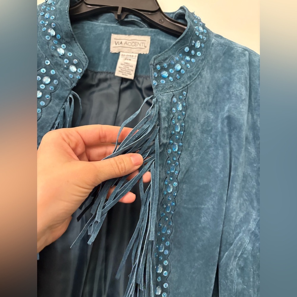 INSANE Y2K Women's Teal Suede Fringe Coat beaded event concert XL - Picture 3 of 13
